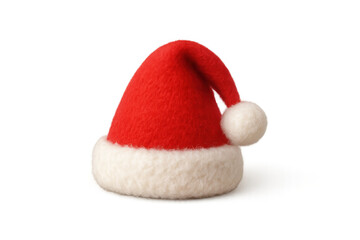 Santa claus hat made of red felt and white faux fur with pompom, symbolizing christmas and winter holidays
