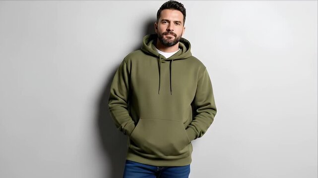 Young Man Leaning Against Wall Wearing Casual Hoodie and Jeans in Studio Shot