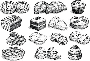 Hand drawn vintage illustration set of bakery and dessert items including tart, croissant, cake, muffin, churros, cookie, and pie in sketch style