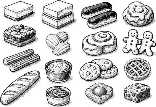 Hand drawn vintage illustration set of bakery and pastry items including bread, eclair, pie, cookie, muffin, churros, and gingerbread in sketch style