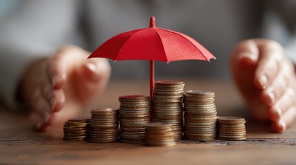 young woman hand holding small red umbrella over pile of coins on table close up of stack of coins with female hands holding umbrella for protection financial safety and investment concept   no logos