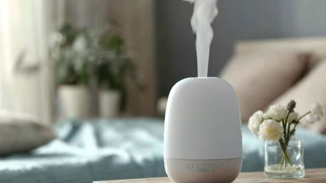 A modern, minimalist ultrasonic aroma diffuser emits a continuous, gentle stream of fine mist, creating a serene and tranquil atmosphere within a cozy interior setting. The sleek white device sits pro