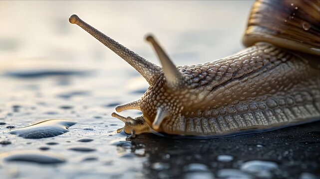 Closeup of a giant snail moving slowly across water surface with detailed shell and elongated antennae in natural outdoor setting