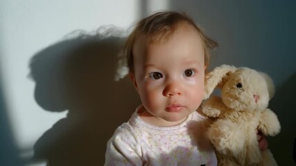 A soft morning light baby toddler child cute innocence plush bunny toy shadow sunlight indoor nursery calm mood gentle glow pastel cozy childhood portrait soft focus warm tone tender cuddle stuffed