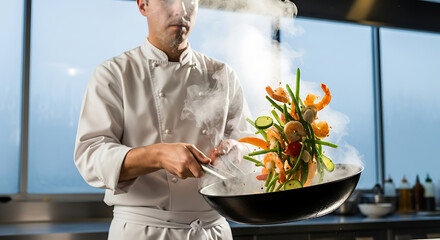 A chef preparing a stir fry with vegetables and shrimp in a professional kitchen setting with steam rising