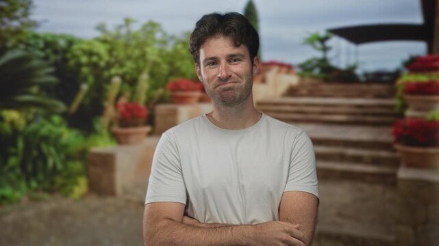 Man in white t shirt with crossed arms and visible forearms standing on stone building stairs among potted plants; quiet confidence.
