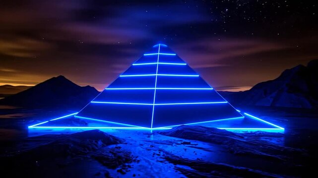 A futuristic pyramid structure illuminated with vibrant blue neon lights in a desolate mountain landscape at night.