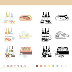 Snacks and Japanese sake/日本酒　鮭の塩焼き　チーズ盛り合わせ　蕎麦　日本酒瓶・升・つまみセット