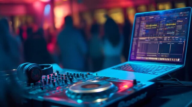 A DJ setup, illuminated by blue and red light, with a laptop, headphones, and mixer