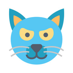 A blue cat face with yellow eyes a dark gray nose and light gray whiskers