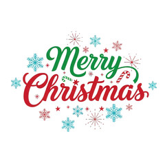 Merry christmas text with snowflakes and fireworks isolated on transparent background