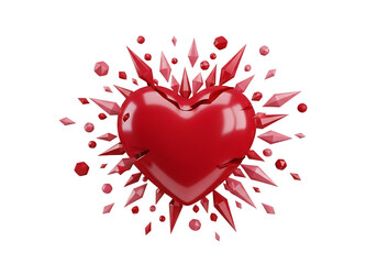 Illustration of vibrant red heart exploding with sharp crystal shards and small spheres, isolated on transparent background on transparent background