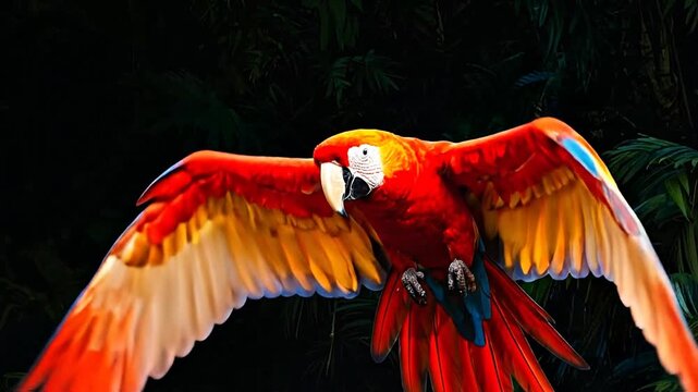 A vibrant Scarlet Macaw parrot in full flight, showcasing its colorful plumage against a dark background.