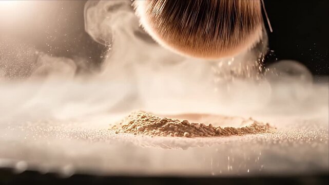 Closeup of a brush dusting powder onto a surface in slow motion with fine particles dispersing capturing detailed textures and soft lighting for creative and commercial food or beauty content