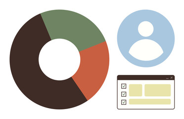 Pie chart divided into three colored sections, blue user profile icon, and checklist widget with ticked boxes. Ideal for data analysis, statistics, user management, progress tracking, analytics
