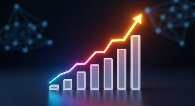 A captivating 3d bar graph illustration depicting exponential growth, highlighted by a luminous arrow pointing upwards, symbolizing achievement and positive business development