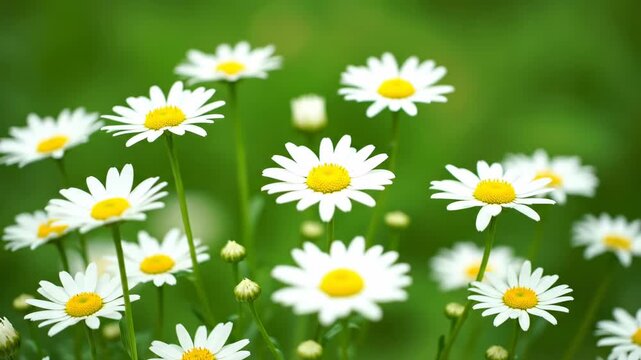 A seamless looping video features a patch of wild daisies rhythmically swaying in a gentle tranquil breeze against a soft green background pattern, tranquil, backdrop