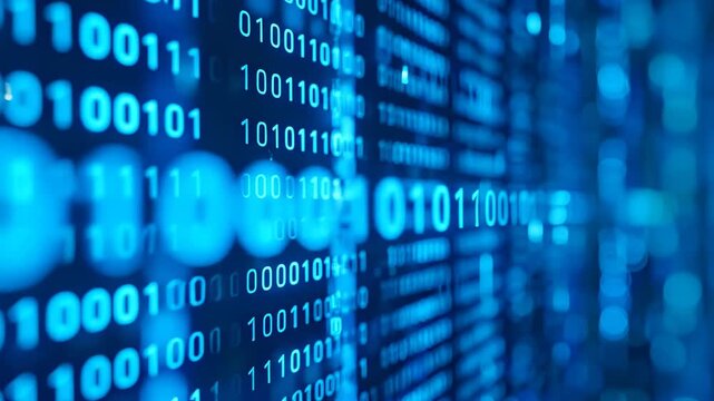 Futuristic digital screen with glowing blue binary code representing big data, programming, and cybersecurity concepts