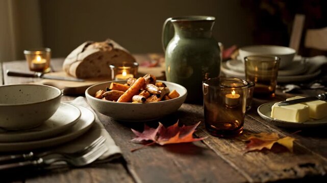 A serene lifestyle shot gently panning across a beautifully arranged rustic dinner table bathed in soft natural light, showcasing inviting autumnal dinnerware decoration, still life, bowls