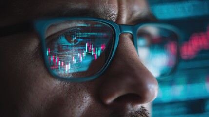 young indian business man trader wearing glasses looking at computer screen with trading charts reflecting in eyeglasses watching stock trading market financial data growth concept close up no logos 