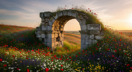 Ruined Archway Hidden in Flowering Meadow
