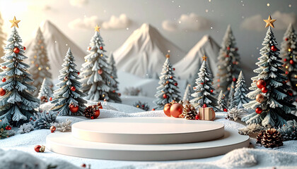 Winter Wonderland Christmas Display with Snowy Trees and Podium.