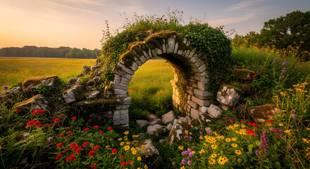 Ruined Archway Hidden in Flowering Meadow