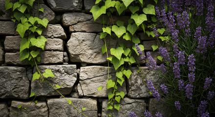 Broken Wall Covered in Ivy and Lavender