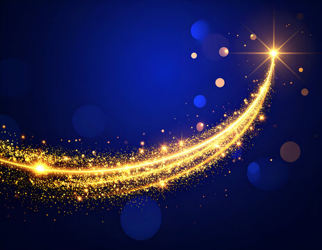 Abstract golden glitter wave with bright starburst on dark blue background. - Powered by Adobe