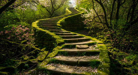 Stone Staircase Covered in Moss and Blossoms