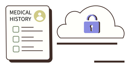 Medical file with checklist beside a secured cloud icon with a lock. Ideal for healthcare, online privacy, data security, cloud storage, digital safety, medical technology, compliance. A simple flat