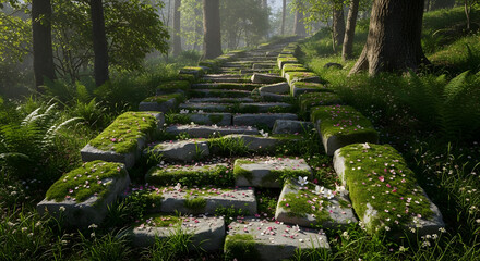 Stone Staircase Covered in Moss and Blossoms
