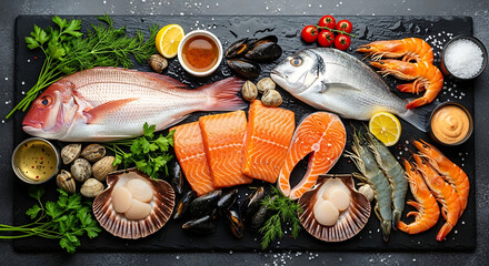 An overhead shot of a seafood platter with fish salmon shrimp and other seafood delicacies arranged nicely