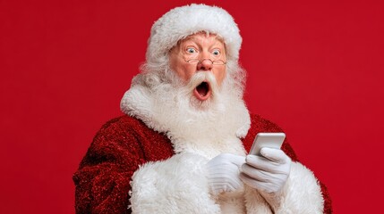 surprised funny amazed old bearded santa claus wearing costume holding cell phone using mobile app on smartphone shocked by christmas promotion xmas applications ads isolated on red background no log