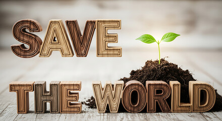 Save the world text with a small plant growing from soil on a wooden surface in a bright background