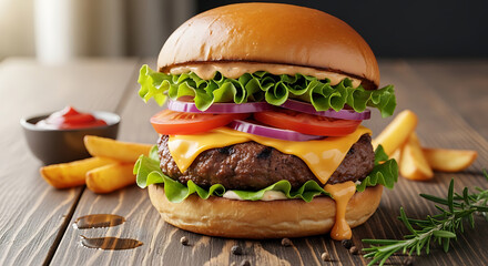 A close up of a burger with fries and ketchup on a wooden table in a well lit environment