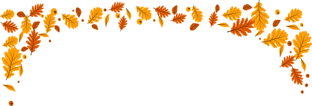 Autumn banner with orange leaves. Colorful autumn set of leaves, mashrooms and acorns. Vector illustration clipart leaves set autumn on white background isolated, vector plie of colorful leaves