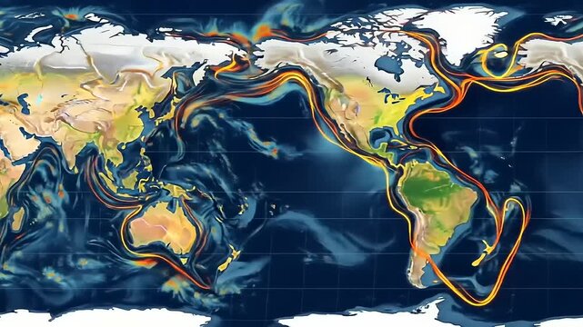 World map showing tectonic plates and ocean currents in detail.