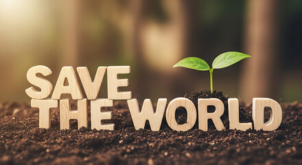 Save the world text with a small plant growing on the soil in a blurred background outdoors scene
