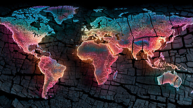 A digital map fragments and tears apart, symbolizing global disintegration, with glowing network lines and pixelated pieces scattering in hyperrealistic detail.
