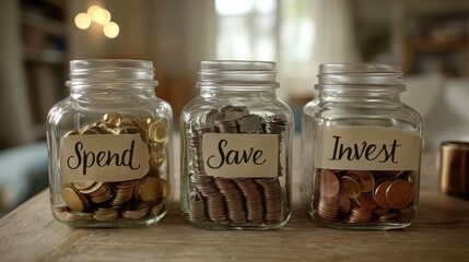 A clean and organized desk featuring three labeled jars for budgeting purposes.
