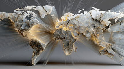 A digital map fragments and tears apart, symbolizing global disintegration, with glowing network lines and pixelated pieces scattering in hyperrealistic detail.
