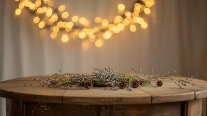 Cozy rustic table setting with pinecones and lavender, illuminated by warm bokeh string lights