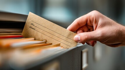A hand placing a stock certificate into a secure location, signifying investment and finance.