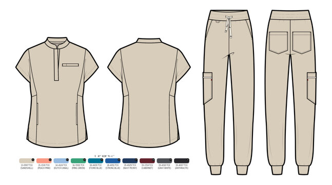 Women's Mandarin Collar Scrub Set and Jogger Pants Flat Sketch with Color Palette