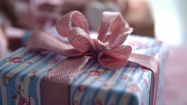 A pastel gift box pink ribbon satin bow striped wrapping close macro soft light celebration present festive detail romantic mood striped gift box pink ribbon closeup surprise party joy, delicate