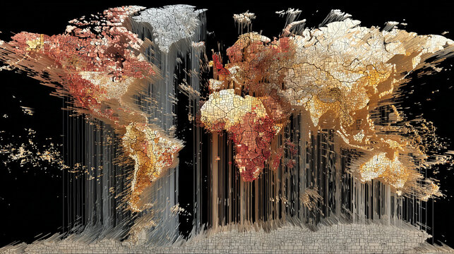 A digital map fragments and tears apart, symbolizing global disintegration, with glowing network lines and pixelated pieces scattering in hyperrealistic detail.
