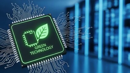 Green technology microchip with eco leaf in server room - Powered by Adobe