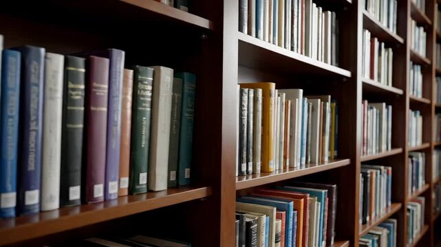 A smooth cinematic camera glides gracefully across an expansive, neatly organized library bookshelf filled with diverse, colorful book spines wide shot, academy, orderly