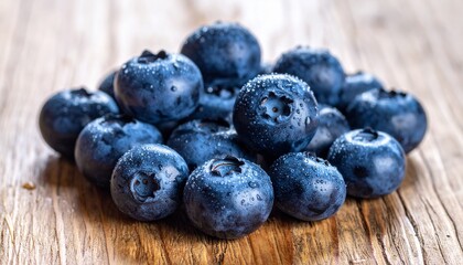 A heap of fresh ripe blueberries on a rustic wooden background, covered with tiny water droplets that highlight their juicy texture.